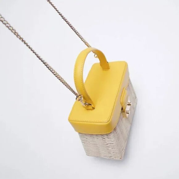 Zara Rattan Box Bag with Handle Yellow - Picture 3 of 9